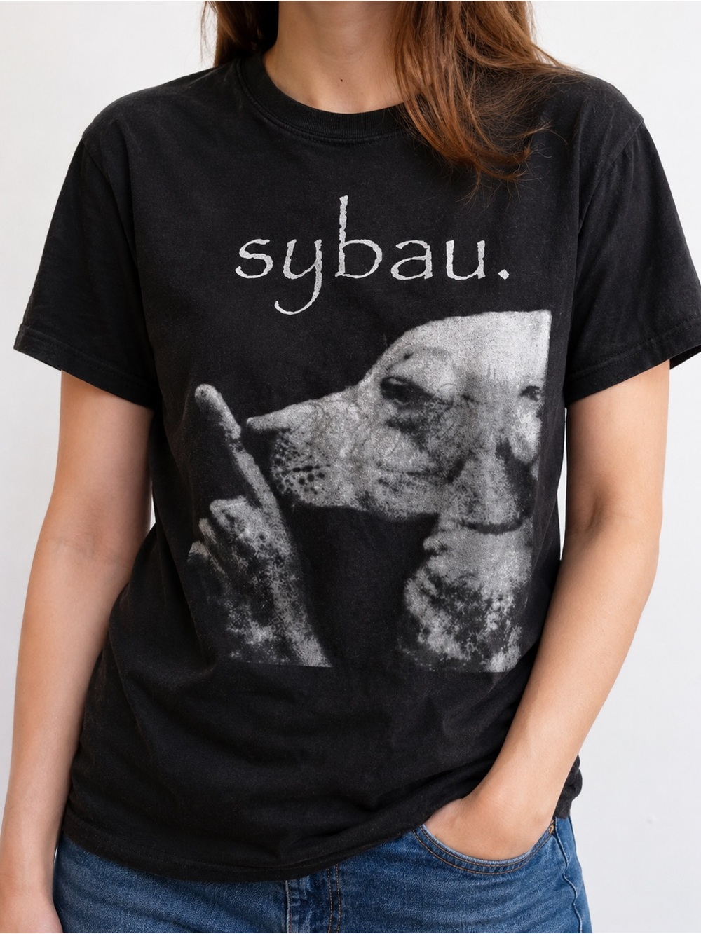 Gildan 5000 Black Tee with White Dog Graphic Streetwear Size L